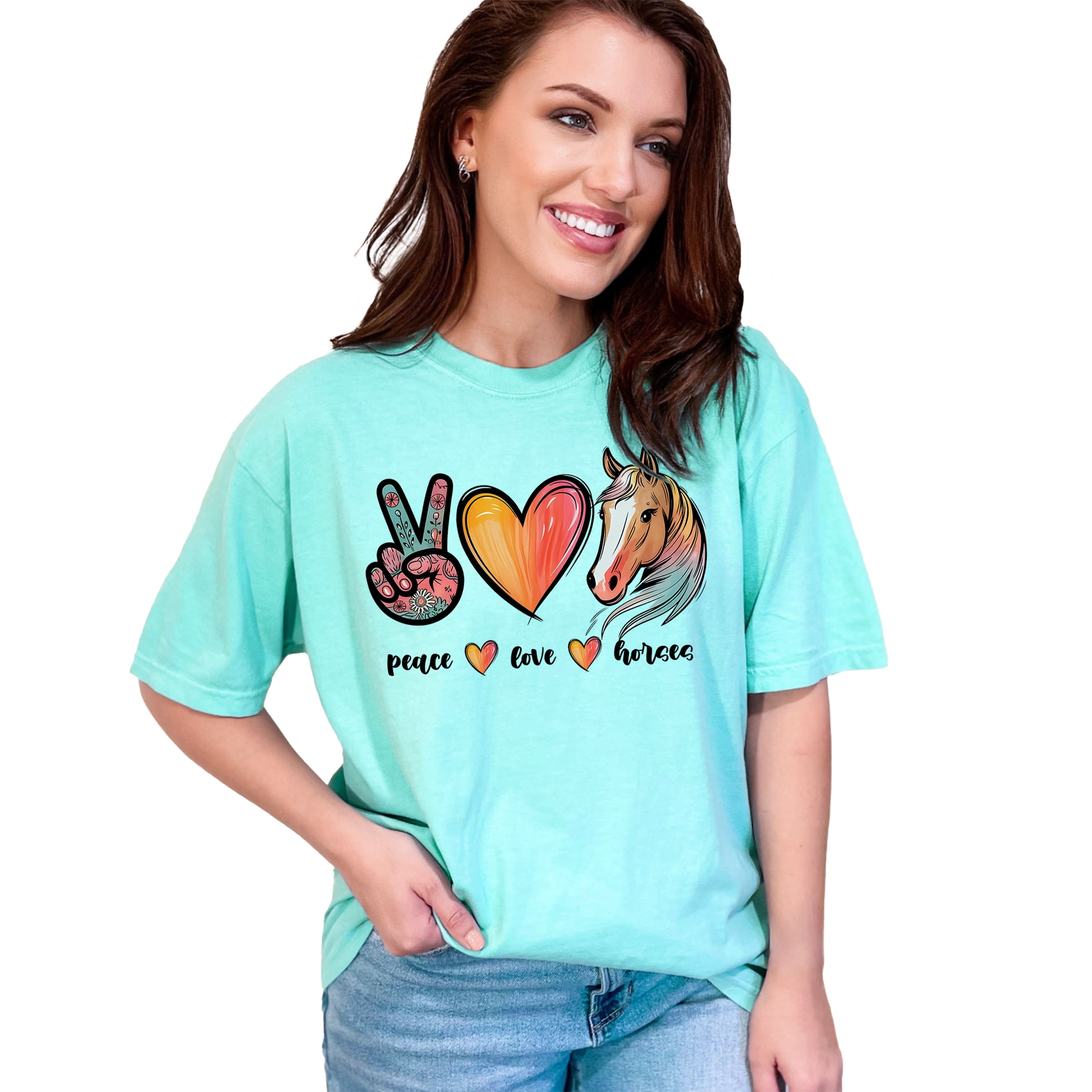 Peace Love Horses Graphic Tee, Colorful Horse Lover T-Shirt, Trendy Equestrian Design, Peace Sign Heart Horse Art Shirt, Chalky Mint Comfort Colors T-Shirt, 3XL