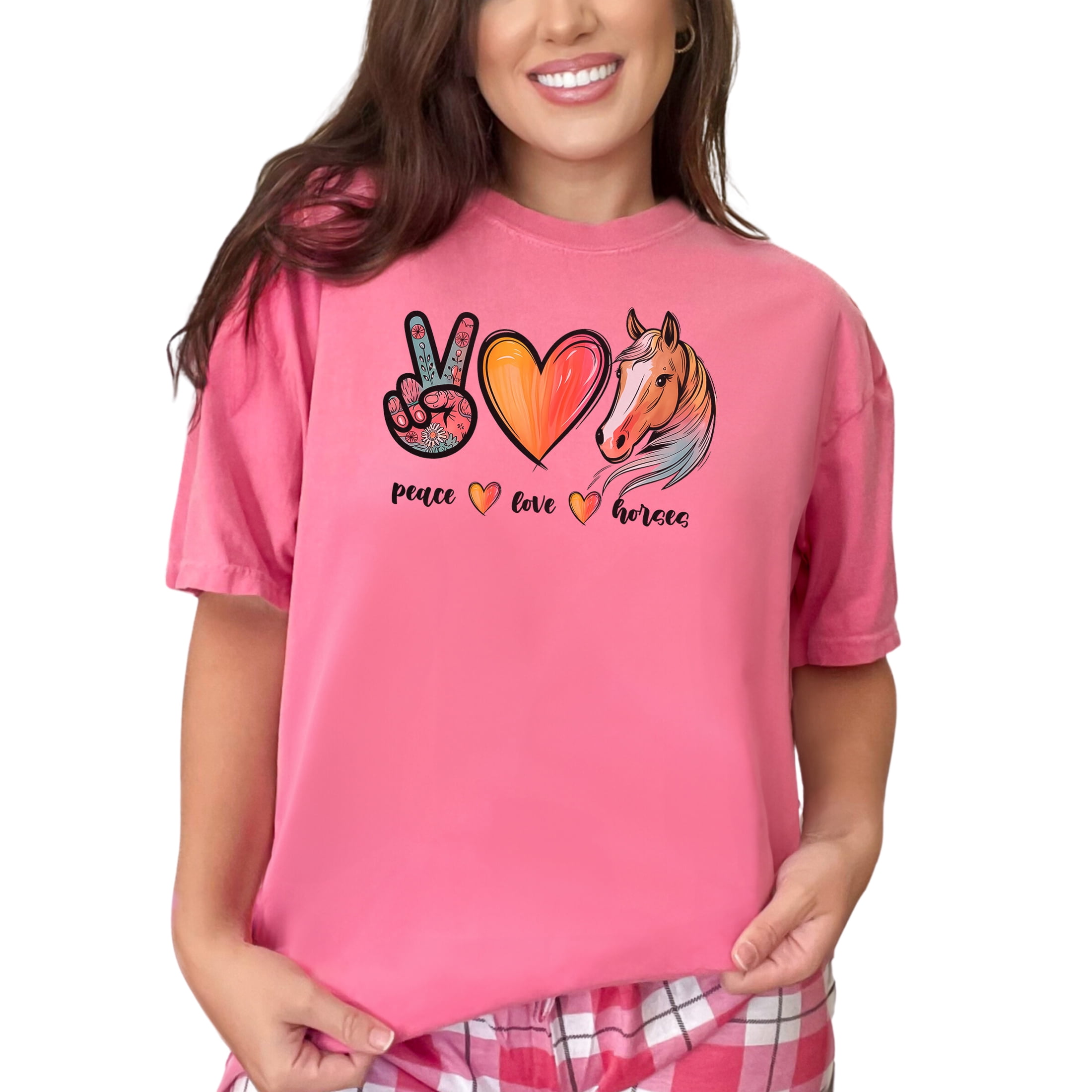 Peace Love Horses Graphic Tee, Colorful Horse Lover T-Shirt, Trendy Equestrian Design, Peace Sign Heart Horse Art Shirt, Crunchberry Comfort Colors T-Shirt, Small