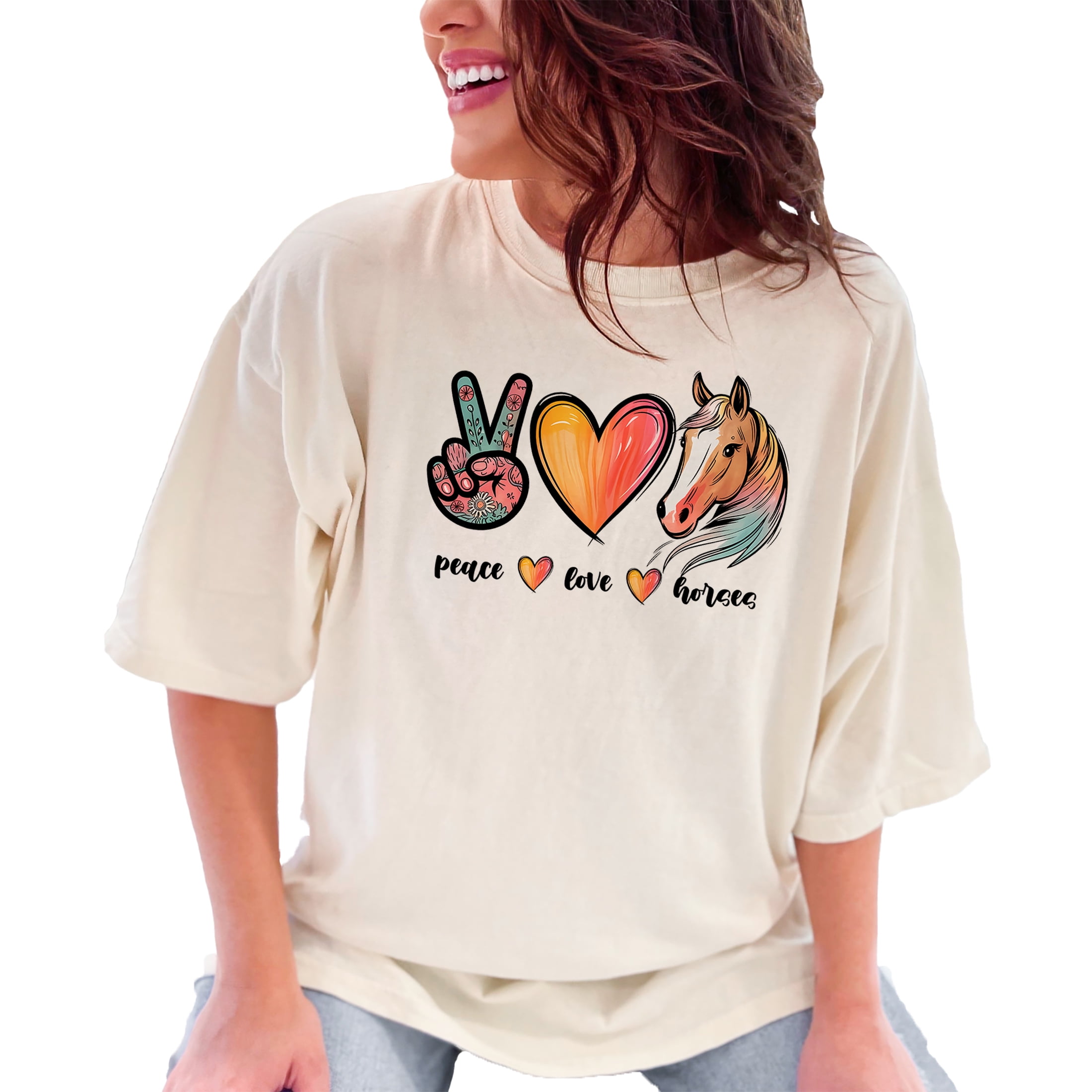 Peace Love Horses Graphic Tee, Colorful Horse Lover T-Shirt, Trendy Equestrian Design, Peace Sign Heart Horse Art Shirt, Ivory Comfort Colors T-Shirt, Small