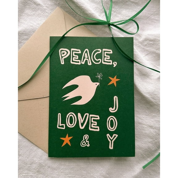 Peace, Love, & Joy Holiday Card - Dove Design with Green Background - Includes Envelope, Blank Inside for Personal Messages