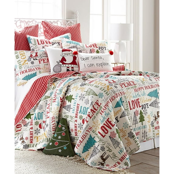 Peace, Love, Joy, Holiday Christmas Full / Queen Quilt & Shams Set (3 Piece Bedding)