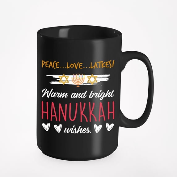 Peace, Love, Latkes, Black 15oz Ceramic Mug