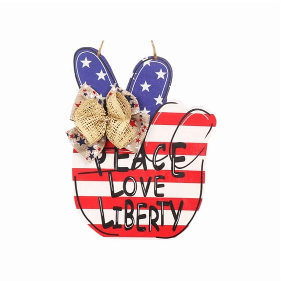 Peace Love Liberty Hand Gesture Flat Wooden Hanging Sign Star Stripe Print Burlap Bow Farm Front Door 4th Of July Patriotic Decor