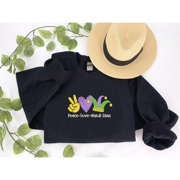 Peace Love Mardi Gras Embroidered Sweatshirt, Soft Carnival Sweater, Parade Outfit Gift, Festive New Orleans Top, Pastel Mardi Gras Sweater