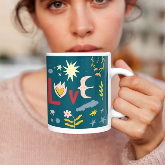 Peace Love Meditate White Ceramic coffee Mug, Flower Sun Moon, Gift Yogi Yoga . Sacred Heart doodle art, love and light tea mug.jpg