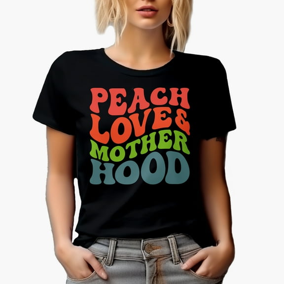Peace, Love & Motherhood, Enjoying Being a Mother Quote, Groovy Retro Wavy Text Merch Gift, Black T-Shirt, Small