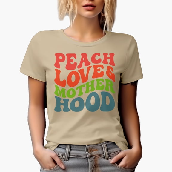 Peace, Love & Motherhood, Groovy Retro Wavy Text Merch Gift, Tan T-Shirt, Large