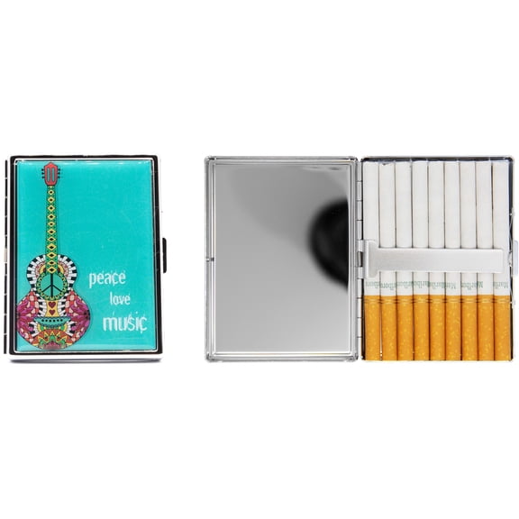 Set of 2 Metal-Plated 100s Ultra Compact Cigarette Case With Insert (Peace Love Music)