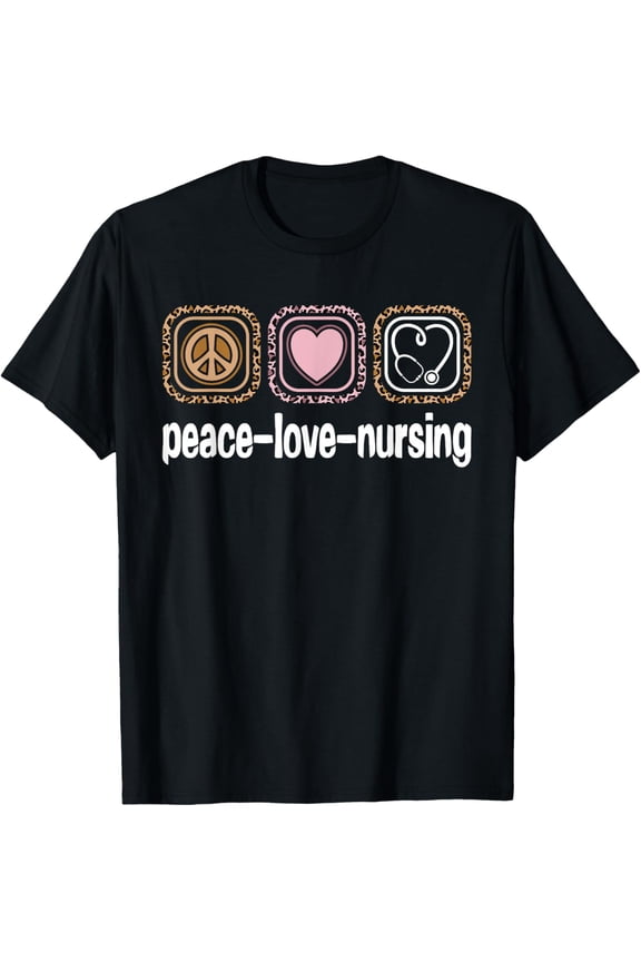 Peace Love Nursing Leopard Print Girls Women Cute Nurse T-ShirtMen and women, Black T-shirt, size: Extra large