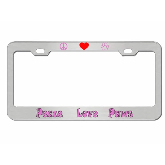 Peace Love Paws Style Metal License Plate Frame Personalized/Car Accessories Car Tag Holder Cover (Chrome/Light Pink)