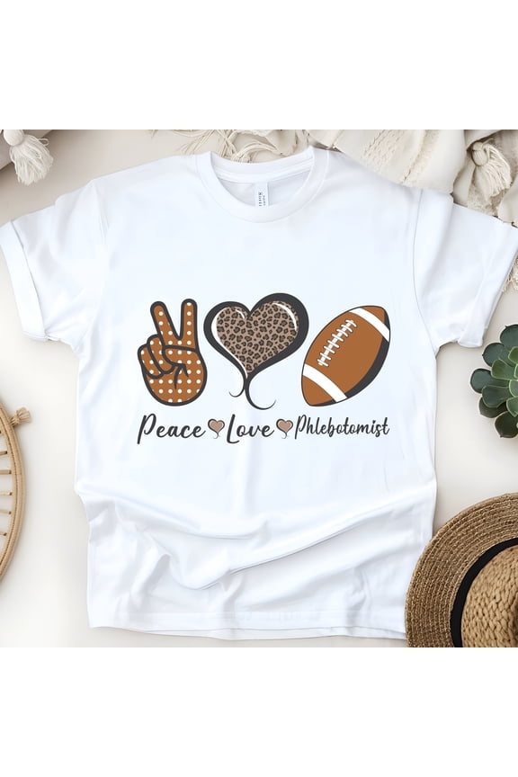 Peace Love Phlebotomist T-Shirt | Leopard Heart Football Game Day Tee, White, Size M