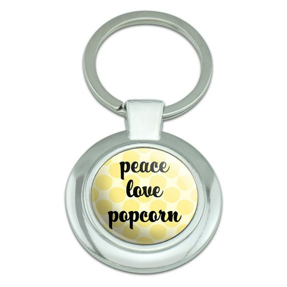Peace Love Popcorn Classy Round Chrome Plated Metal Keychain
