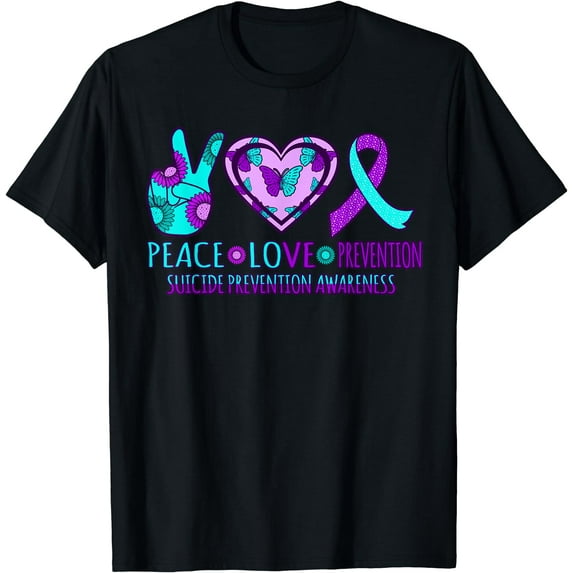 Peace Love Prevention Happy Suicide Awareness Graphic T-Shirt Black X-Large