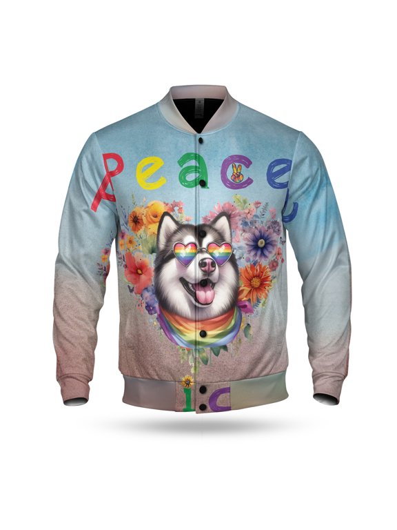 Peace Love Pride Alaskan Malamute with Rainbow Sunglasses LGBT LGBTQ+ All Over Print 3D Baseball Jacket Alaska Mal Dog Lovers Gifts Bomber Jacket Softball - 01004