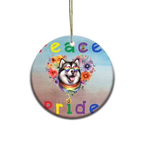 Peace Love Pride Alaskan Malamute with Rainbow Sunglasses LGBT LGBTQ+ Ceramic Round Ornament Alaska Mal Dog Lovers Gifts Home Tree Decor - 01004