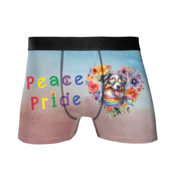 Peace Love Pride Australian Shepherd with Rainbow Sunglasses LGBT LGBTQ+ All Over Print Boxer Briefs Underwear for Men Dad Aussie Dog Lover Gifts - 01004