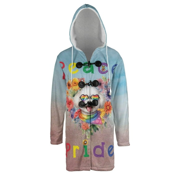 Peace Love Pride Bichon Frise with Rainbow Sunglasses LGBT LGBTQ+ All Over Print 3D Hooded Duffle Toggle Coat Bichons Dog Lovers Gifts Idea - 01004