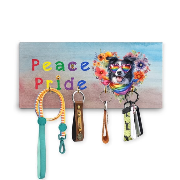 Peace Love Pride Border Collie with Rainbow Sunglasses LGBT LGBTQ+ Wood Key Holder Borders Dog Lovers Gifts Idea Wall-mounted Key Rack Home Decor - 01004