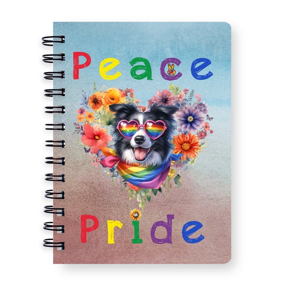 Peace Love Pride Border Collie with Rainbow Sunglasses LGBT LGBTQ+ Spiral Bound Journal Borders Dog Lovers Gifts Idea 5x7in Spiral Notebook - 01004