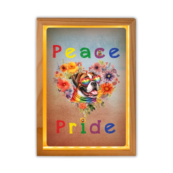 Peace Love Pride Boxer with Rainbow Sunglasses LGBT LGBTQ+ Acrylic Plaque with Wood Photo Frame Box Boxers Dog Lover Gifts Idea Light Box - 01004