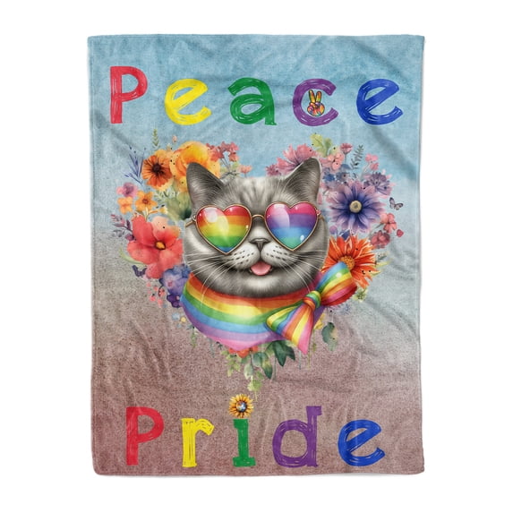 Peace Love Pride British Shorthair with Rainbow Sunglasses LGBT LGBTQ+ Cozy Fleece Blanket Cat Lover Kitten Owner Gifts Warm Soft Throw Blanket - 01004