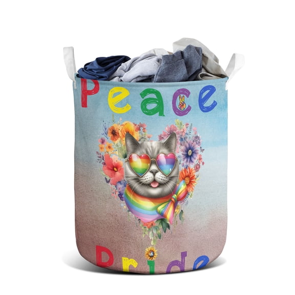 Peace Love Pride British Shorthair with Rainbow Sunglasses LGBT LGBTQ+ Foldable Laundry Basket Cat Lover Kitten Owner Gifts Organizer Storage with Handles - 01004