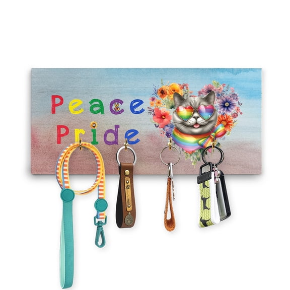 Peace Love Pride British Shorthair with Rainbow Sunglasses LGBT LGBTQ+ Wood Key Holder Cat Lover Kitten Owner Gifts Wall-mounted Key Rack Home Decor - 01004