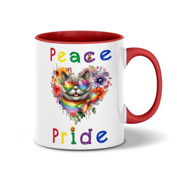Peace Love Pride British Shorthair with Rainbow Sunglasses LGBT LGBTQ+ 11oz Accent Two-tone Mug Cat Lover Kitten Owner Gifts Coffee Tea Cup - 01004