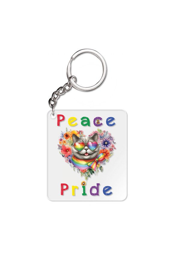 Peace Love Pride British Shorthair with Rainbow Sunglasses LGBT LGBTQ+ Acrylic Keychain Cat Lover Kitten Owner Gifts Collar Charm Tag Keyring - 01004