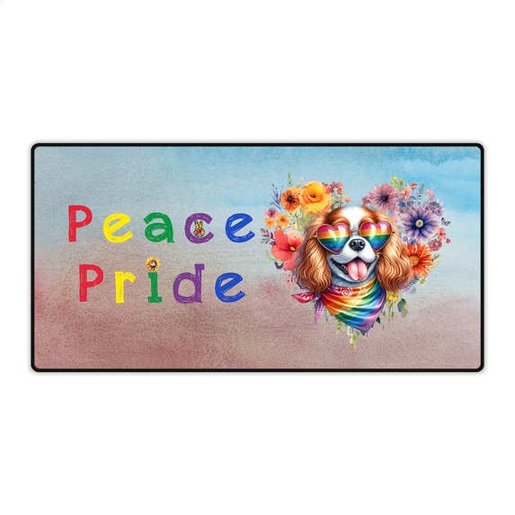 Peace Love Pride Cavalier King Charles Spaniel with Rainbow Sunglasses LGBT LGBTQ+ Desk Mat Full Keyboard Mouse Pad Dog Lover Gifts Large Mousepad - 01004