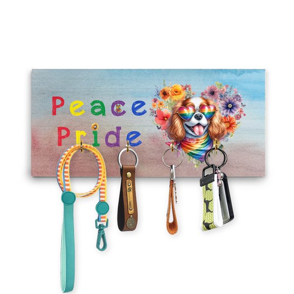 Peace Love Pride Cavalier King Charles Spaniel with Rainbow Sunglasses LGBT LGBTQ+ Wood Key Holder Dog Lover Gifts Wall-mounted Key Rack Home Decor - 01004