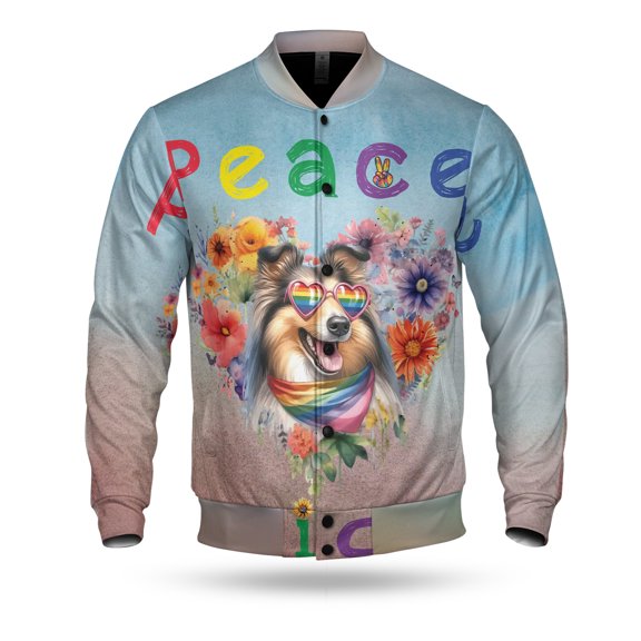 Peace Love Pride Collie with Rainbow Sunglasses LGBT LGBTQ+ All Over Print 3D Baseball Jacket Collie Dog Lover Gifts Idea Bomber Jacket Softball - 01004
