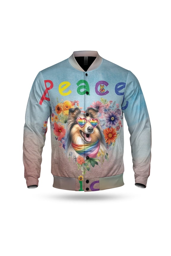 Peace Love Pride Collie with Rainbow Sunglasses LGBT LGBTQ+ All Over Print 3D Baseball Jacket Collie Dog Lover Gifts Idea Bomber Jacket Softball - 01004