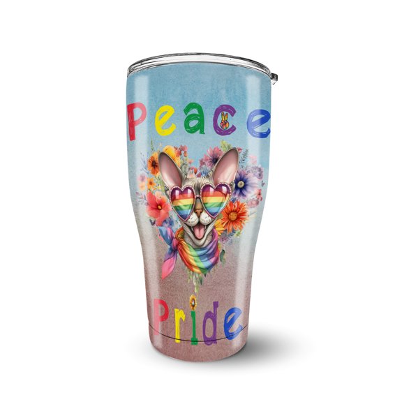Peace Love Pride Devon Rex with Rainbow Sunglasses LGBT LGBTQ+ 30oz Stainless Steel Tumbler Insulated Cup with Lid Cat Lover Kitten Owner Gifts - 01004