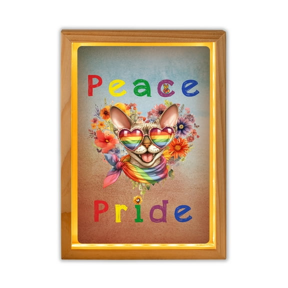 Peace Love Pride Devon Rex with Rainbow Sunglasses LGBT LGBTQ+ Acrylic Plaque with Wood Photo Frame Box Cat Lover Kitten Owner Gifts Light Box - 01004