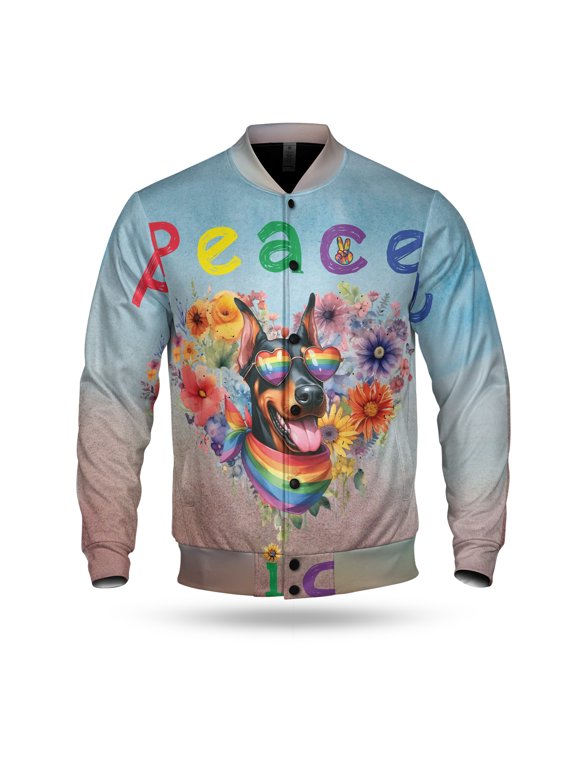 Peace Love Pride Doberman Pinscher with Rainbow Sunglasses LGBT LGBTQ+ All Over Print 3D Baseball Jacket Doberman Dog Lover Gifts Bomber Jacket Softball - 01004