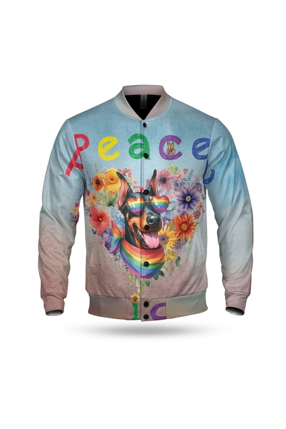 Peace Love Pride Doberman Pinscher with Rainbow Sunglasses LGBT LGBTQ+ All Over Print 3D Baseball Jacket Doberman Dog Lover Gifts Bomber Jacket Softball - 01004