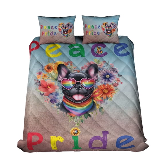 Peace Love Pride French Bulldog with Rainbow Sunglasses LGBT LGBTQ+ Quilt Bedding Set Dog Lover Gifts 1 Blanket Bed Cover 2 Pillowcases - 01004