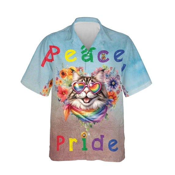 Peace Love Pride Maine Coon with Rainbow Sunglasses LGBT LGBTQ+ Hawaiian Shirt Breathable Summer Unisex Merch Cat Lover Kitten Owner Gifts - 01004