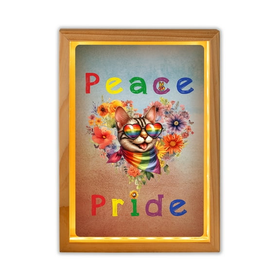 Peace Love Pride Manx with Rainbow Sunglasses LGBT LGBTQ+ Acrylic Plaque with Wood Photo Frame Box Cat Lover Kitten Owner Gifts Light Box - 01004