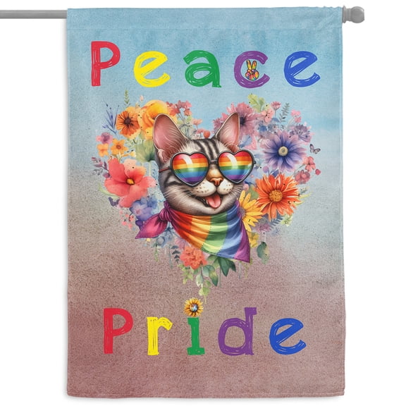Peace Love Pride Manx with Rainbow Sunglasses LGBT LGBTQ+ House Flag 28x40in Double Sided Cat Lover Kitten Owner Gifts Outdoor Decor - 01004