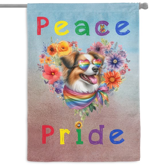 Peace Love Pride Miniature American Shepherd with Rainbow Sunglasses LGBT LGBTQ+ House Flag 28x40in Double Sided MAS Dog Lover Gifts Outdoor Decor - 01004