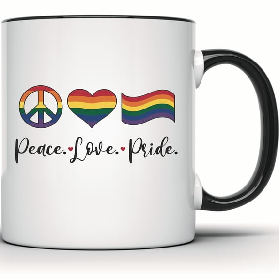 Peace Love Pride Mug - LGBT Rainbow, LGBTQ Pride, Gay Equality, Human Rights Gift, Pride Month Mug - 11 Ounce Black Rim Handle Novelty Coffee Cup - WMUG2004-BLK