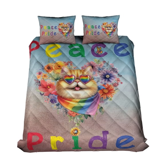 Peace Love Pride Persian with Rainbow Sunglasses LGBT LGBTQ+ Quilt Bedding Set Cat Lover Kitten Owner Gifts 1 Blanket Bed Cover 2 Pillowcases - 01004