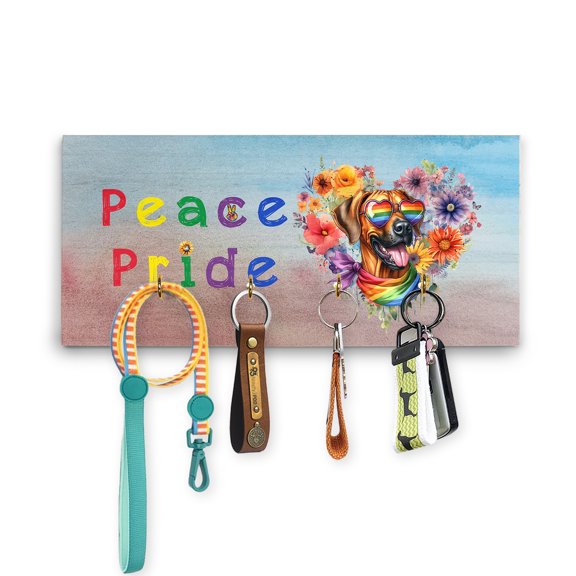 Peace Love Pride Rhodesian Ridgeback with Rainbow Sunglasses LGBT LGBTQ+ Wood Key Holder Ridgebacks Dog Lover Gifts Wall-mounted Key Rack Home Decor - 01004