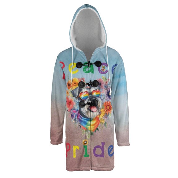 Peace Love Pride Schnauzer with Rainbow Sunglasses LGBT LGBTQ+ All Over Print 3D Hooded Duffle Toggle Coat Miniature Schnauzer Dog Lover - 01004
