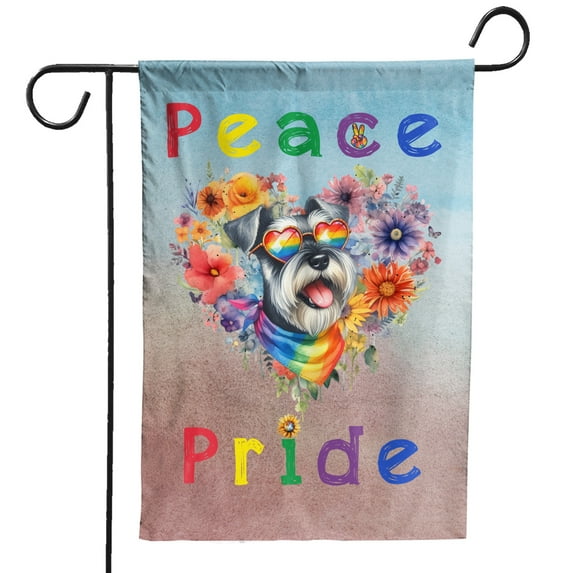 Peace Love Pride Schnauzer with Rainbow Sunglasses LGBT LGBTQ+ Garden Flag 12x18in Double Sided Miniature Schnauzer Dog Lover Outdoor Decor - 01004