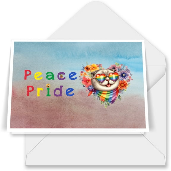 Peace Love Pride Scottish Fold with Rainbow Sunglasses LGBT LGBTQ+ 7x5in Folded Greeting Card Cat Lover Kitten Owner Gifts Single Note Card with Envelope - 01004