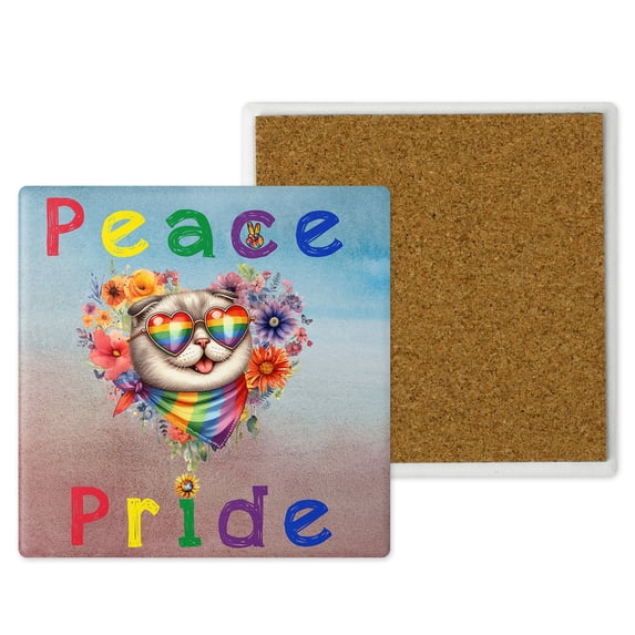Peace Love Pride Scottish Fold with Rainbow Sunglasses LGBT LGBTQ+ Set of 4 Stone Coasters Cat Lover Kitten Owner Gifts 4x4in Absorbent Soapstone Coaster - 01004