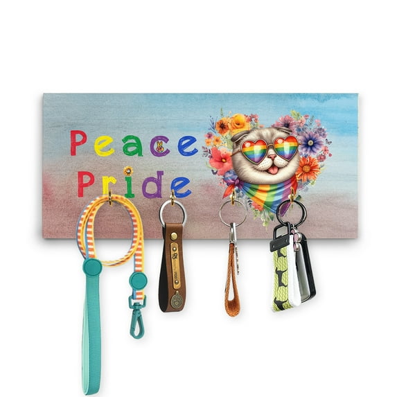 Peace Love Pride Scottish Fold with Rainbow Sunglasses LGBT LGBTQ+ Wood Key Holder Cat Lover Kitten Owner Gifts Wall-mounted Key Rack Home Decor - 01004